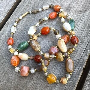 Vintage Multi-Stone Polished Agate Quartz Beaded Long Necklace Brass Spacers 15”